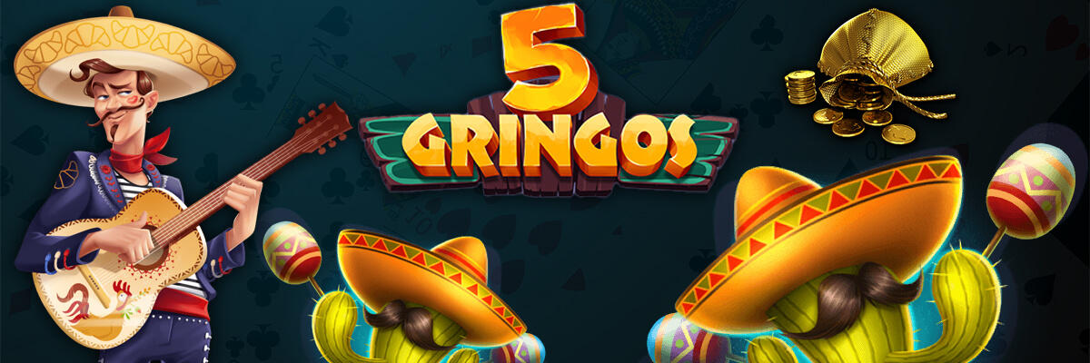 5Gringos kaszinó, logó, szombreros, zenész, érmék, pénzes zsák