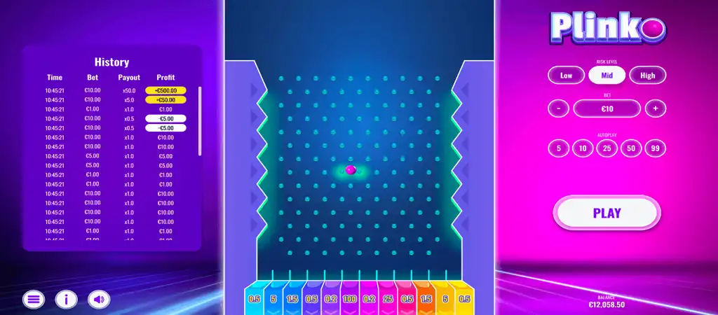 Plinko Casino, Játékfelület, játékmenet