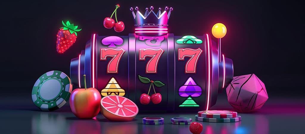 neon nyerőgép, 777 jackpot, korona, cseresznye, alma, grépfrút, pikk szimbólum, zseton, kocka, kaszinó játék