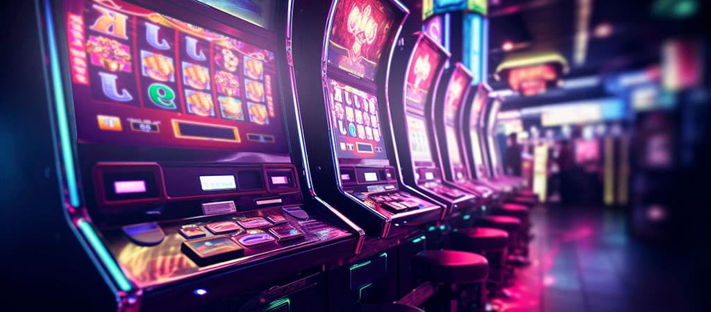 kaszinó nyerőgépek sora, neon világítás, gombok, képernyők, székek, hangulatfény, játékterem