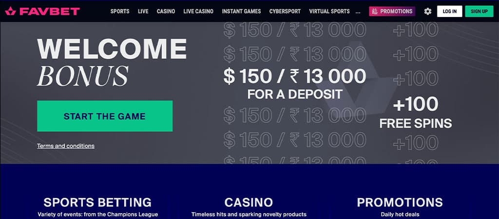 Favbet, üdvözlő bónusz, $150, +100 ingyen pörgetés, élő kaszinó, instant játékok, promóciók, regisztráció, bejelentkezés