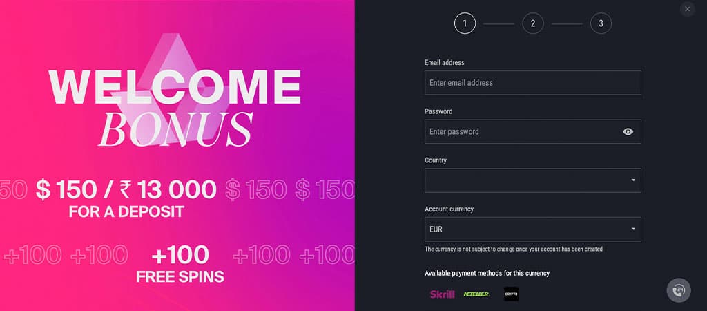 welcome bonus, 100 free spins, email, password, country selector, account currency EUR, Skrill, Neteller, crypto payment