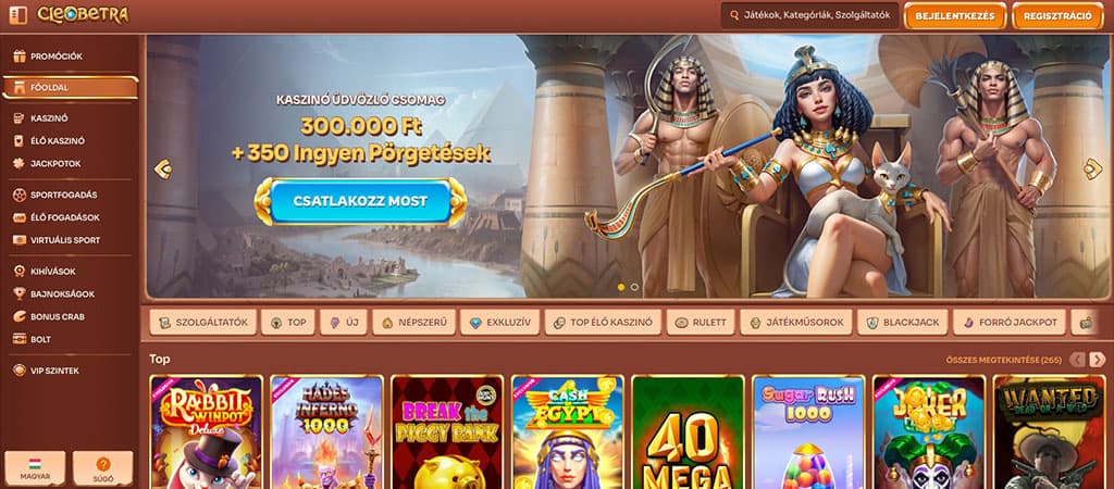 Cleobetra kaszinó nyitóoldal, 300 000 Ft bónusz + 350 ingyenes pörgetés, fáraós téma, online nyerőgépek