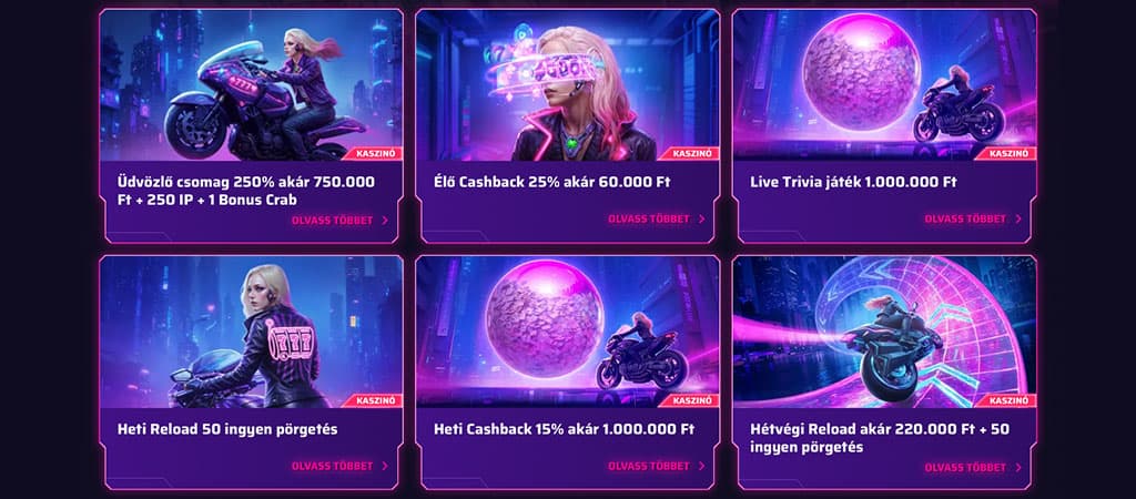 neon, futurisztikus, nő motoron, üdvözlő csomag, Bonus Crab, live cashback, trivia, heti reload ingyen pörgetés, cashback