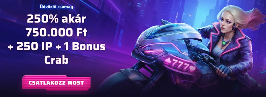 neon lila, futurisztikus motoros nő, 250% bónusz 750 000 Ft-ig, 250 ingyen pörgetés, Bonus Crab, Csatlakozz most gomb