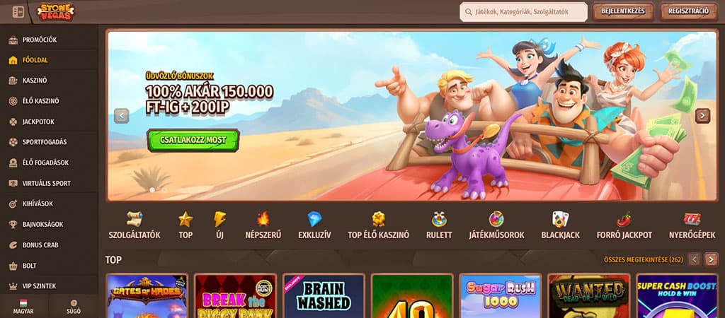 StoneVegas kaszinó főoldal, barna téma, oldal menü, karikatúra barlanglakók, lila dínó, bónusz banner, ikonok