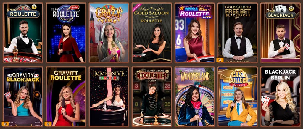 StoneVegas élő kaszinó, Speed Roulette, Mega Roulette, Crazy Time, Gold Saloon, Free Bet Blackjack, Gravity Blackjack