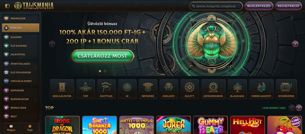 Talismania főoldal, oldalmenü, üdvözlő bónusz, Bonus Crab, Csatlakozz most gomb, skarabszimbólum, játékikonok