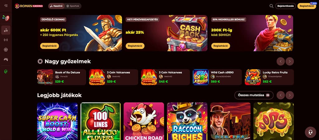 Roman Casino kezdőlap, online kaszinó, római katona, üdvözlő bónusz, pénzvisszatérítés, highroller bónusz, regisztráció, slot 