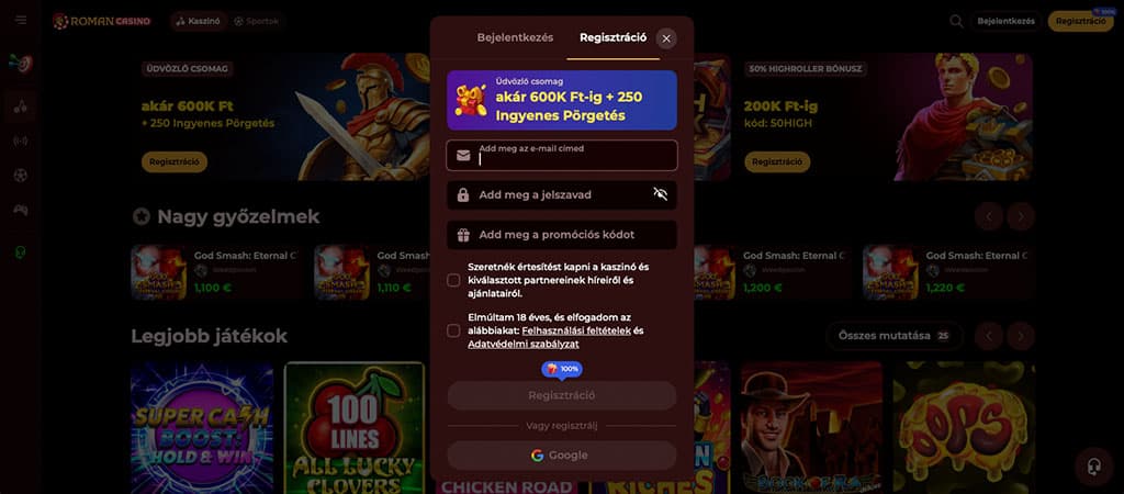 regisztráció popup, üdvözlő bónusz, ingyenes pörgetés, e-mail, jelszó, promókód, ÁSZF checkbox, regisztráció gomb