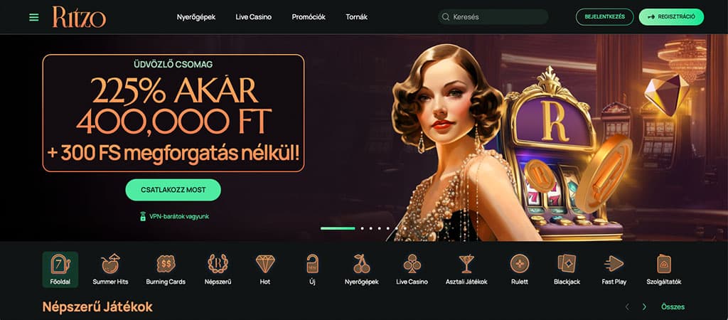 Ritzo Casino főoldal, 225% bónusz 400.000 Ft-ig, 300 ingyen pörgetés, art deco stílus, elegáns nyerőgép és karakter