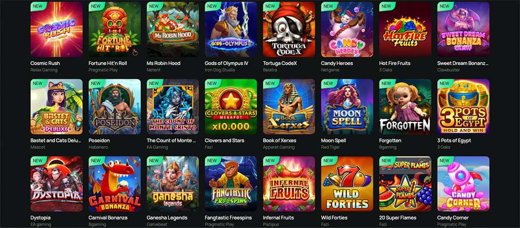 Ritzo Casino nyerőgépek választéka, színes játékikonok, gyümölcsös és mitológiai témák, új és népszerű online slotok