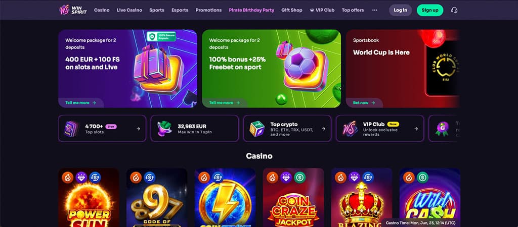 WinSpirit Casino, neon fények, kaszinó hangulat, üdvözlő bónusz ajánlat, modern design, játékélmény, menüsor,