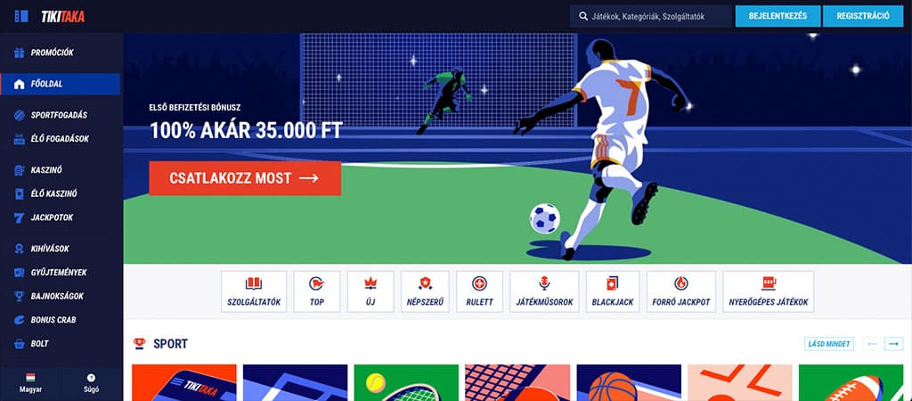 TikiTaka, főoldal, sportfogadás, üdvözlő bónusz, focis téma, kaszinó, játékok, regisztráció, promóciók, élő kaszinó