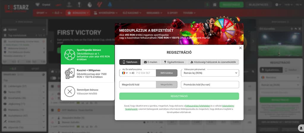regisztráció, bónusz választás, sportfogadás, kaszinó, 150 ingyen pörgetés, promóciós kód, fiók létrehozás, SMS kód