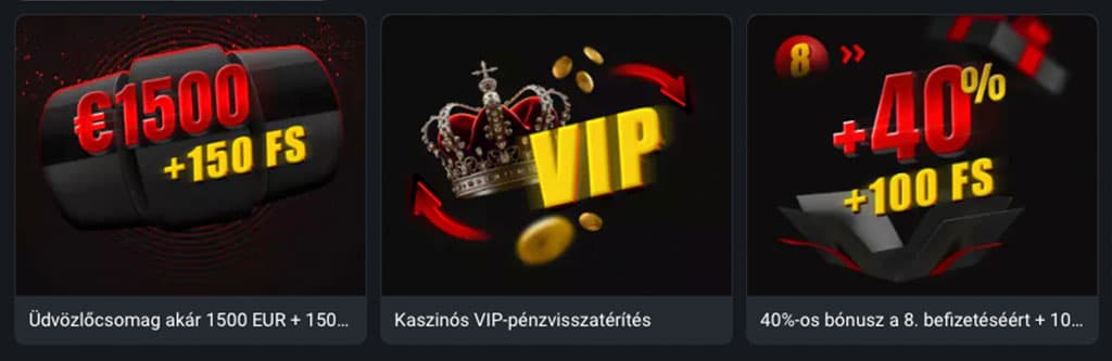 kaszinó bónusz, üdvözlőcsomag, 1500 euró, 150 ingyen pörgetés, VIP visszatérítés, 40% bónusz, promóció, nyeremény