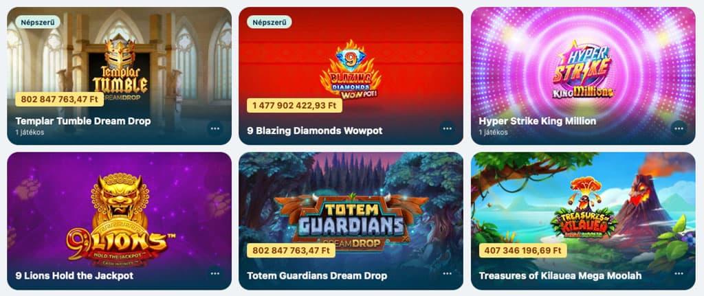 népszerű játékok, nyerőgépek, jackpot, Templar Tumble, Hyper Strike, 9 Lions, Totem Guardians, Mega Moolah, kaszinó nyeremény