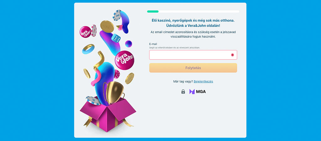 regisztráció, e-mail cím, élő kaszinó, nyerőgépek, jelszó visszaállítás, Vera&John, belépés, biztonságos fiók, folytatás gomb
