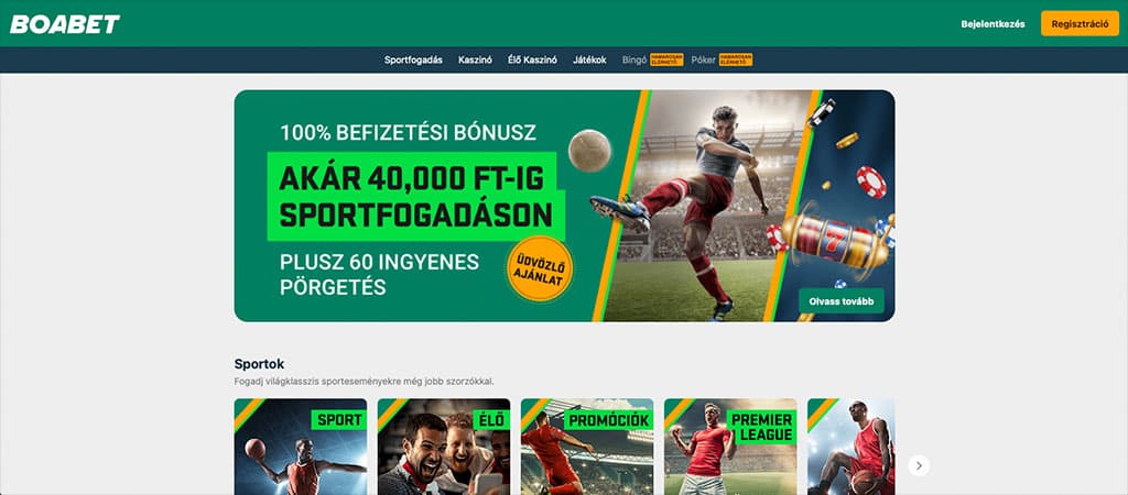 BOABET, sportfogadás, élő kaszinó, bónusz, 100% befizetési bónusz, ingyenes pörgetés, regisztráció, promóciók, játékok
