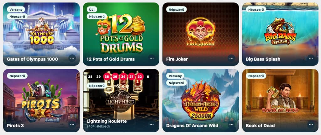 népszerű játékok, Gates of Olympus, 12 Pots of Gold, Big Bass Splash, Pirots 3, Lightning Roulette, Dragons of Arcane Wild