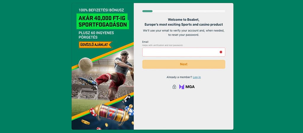 100% befizetési bónusz, sportfogadás, ingyenes pörgetés, regisztráció, e-mail, fiókellenőrzés, üdvözlő ajánlat, Boabet, MGA