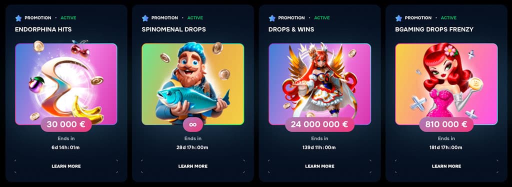 promóciók, Endorphina Hits, Spinomenal Drops, Drops & Wins, BGaming Drops Frenzy, nyereményalap, időzítő, kaszinó akciók