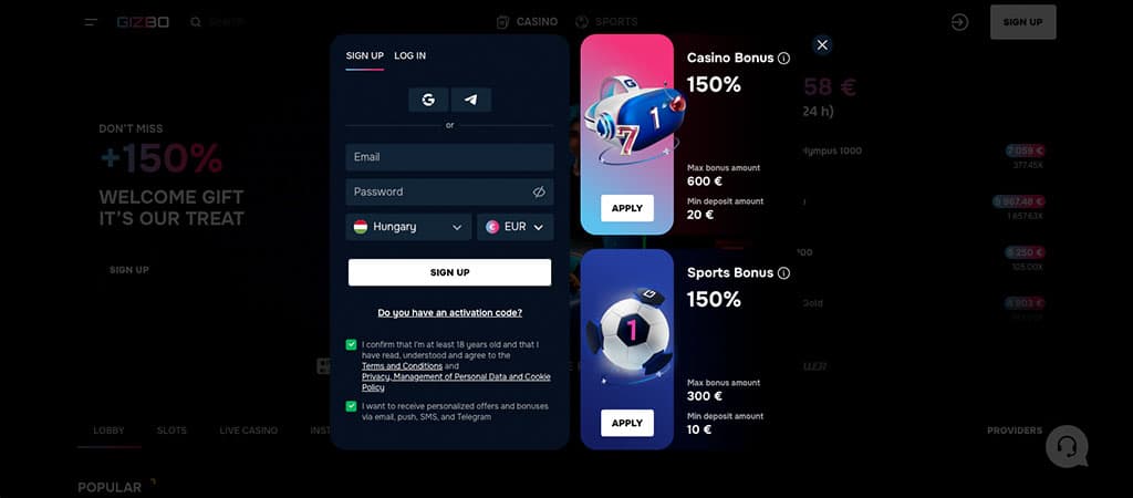 regisztráció, kaszinó bónusz, sport bónusz, e-mail, jelszó, ország választás, pénznem, minimális befizetés, online kaszinó
