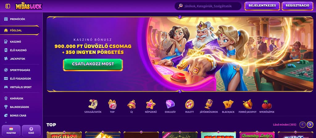 Midas Luck főoldal, üdvözlő csomag, 350 ingyen pörgetés, csatlakozz most, rajzolt karakterek, rulettasztal, játékkategóriák