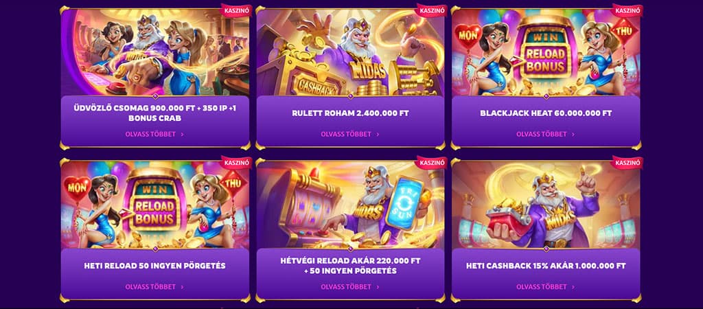 Midas Luck promóciók, üdvözlő csomag, ingyen pörgetés, reload bónusz, cashback, blackjack, rulett roham, rajzolt karakterek