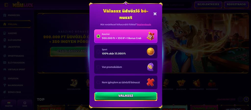 Midas Luck regisztráció, választható üdvözlő bónusz, kaszinó és sport bónusz, promókód, nincs bónusz opció, csatlakozás gomb