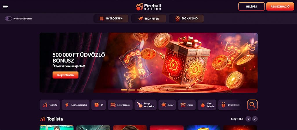 Fireball Casino logó, hamburger menü ikon, promóció, üdvözlő bónusz felirat, regisztráció gomb, ajándékdoboz, arany érmék