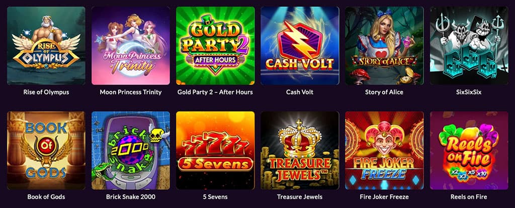 12 slotjáték ikon, Rise of Olympus, Moon Princess Trinity, Gold Party 2, Cash Volt, Story of Alice, SixSixSix, Book of Gods