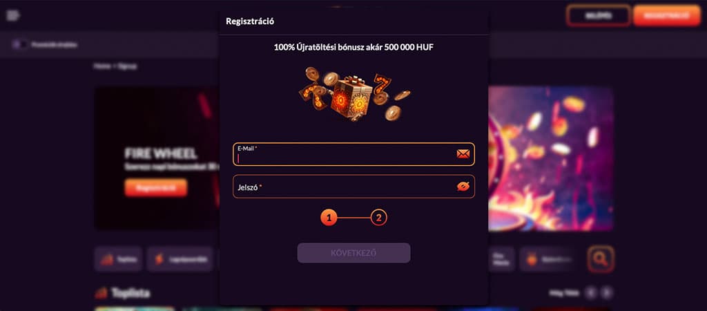 Regisztráció, űrlap, 100% újratöltési bónusz, ajándékdoboz, arany érmék, e-mail mező, jelszó mező, lépésjelző