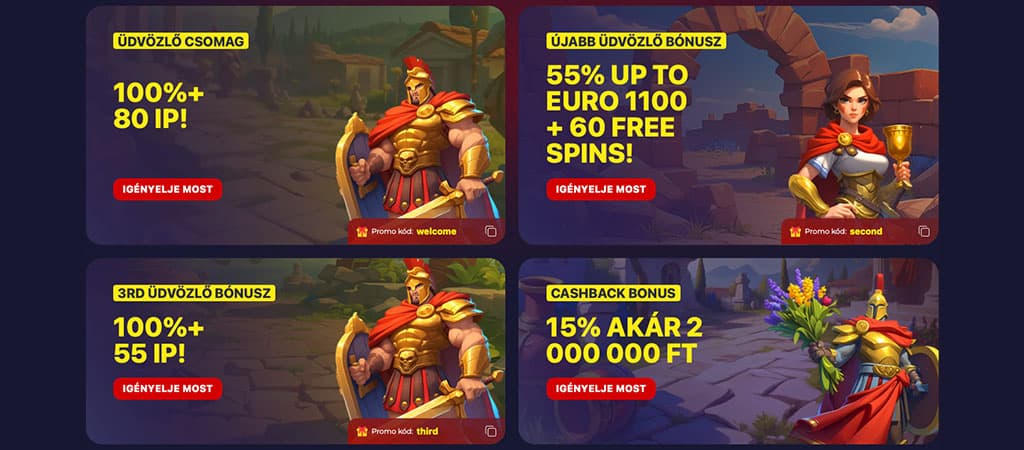 Üdvözlő csomag, 100% bónusz, ingyen pörgetés, cashback, római harcosok, promóciók, Slota Casino, bónuszkód, regisztráció