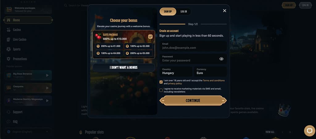 kingdom casino, regisztráció, bónusz választás, slots package, 600% bónusz, ajánlat, fiók létrehozása, email és jelszó mező