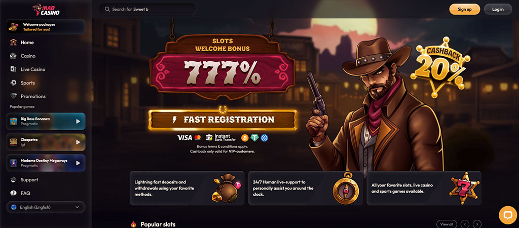 Mad Casino, slots bónusz, cashback, cowboy, gyors regisztráció, népszerű nyerőgépek, élő támogatás, banki befizetés, promóció