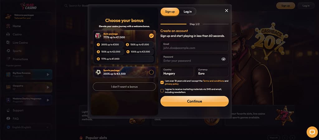 bónusz választás, slots bónusz, sport bónusz, regisztrációs űrlap, e-mail, jelszó, ország, valuta, folytatás gomb, Mad Casino