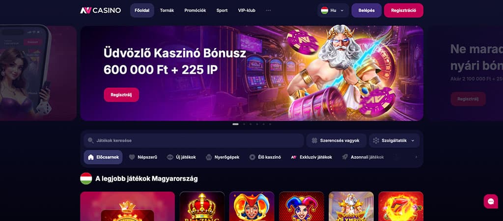 NV casino, üdvözlő bónusz, 600000 forint, 225 ingyen pörgetés, regisztráció, Zeus, online kaszinó, nyerőgépek, játékok, lobby