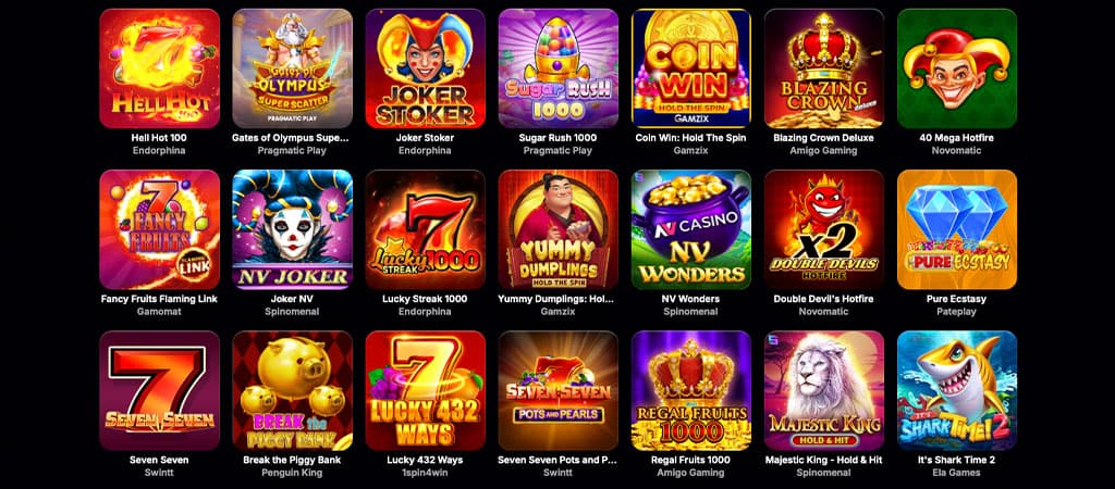 nyerőgépek, Hell Hot 100, Gates of Olympus, Joker Stoker, Sugar Rush, Big Win, NV Wonders, gyümölcsös játékok, online kaszinó