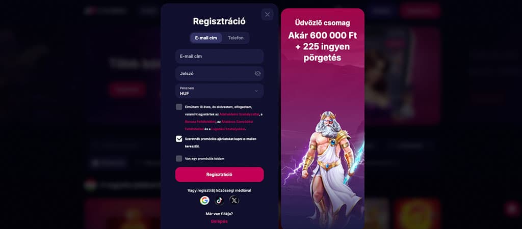 regisztráció, üdvözlő csomag, ingyenes pörgetés, Zeus, e-mail, jelszó, pénznem, promóciók, online kaszinó, belépés