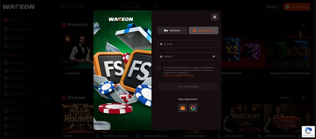 Wageon Casino, regisztrációs ablak, e-mail, jelszó, belépés, promóciók, élő kaszinó, zsetonok, FS bónusz, felhasználói fiók