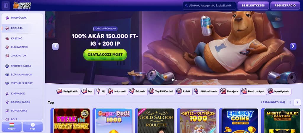 Spinbara Casino, főoldal, 200 IP, kanapén ülő állat, játékkategóriák, regisztráció, nyerőgépek, csatlakozz most, promóciók