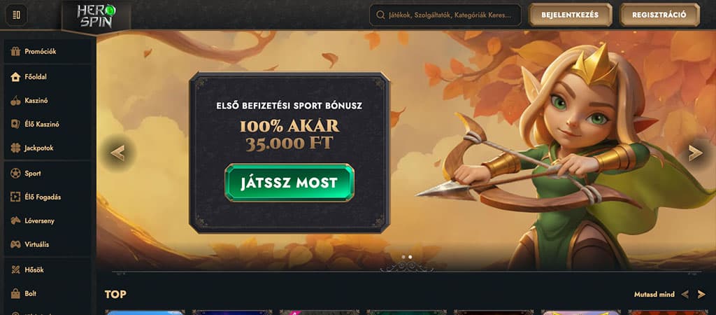 HeroSpin Kaszinó, kezdőbónusz, íjász karakter, fantasy stílus, magyar nyelvű felület, online kaszinó, promóció, játék gomb