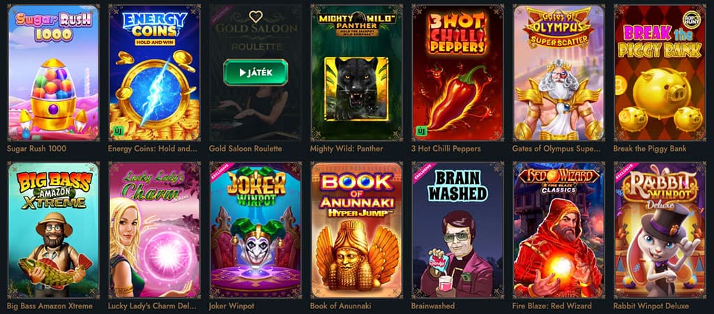 HeroSpin Kaszinó játékok, nyerőgépek, Sugar Rush, Energy Coins, Book of Anunnaki, pörgetések, színes grafika, játékválaszték