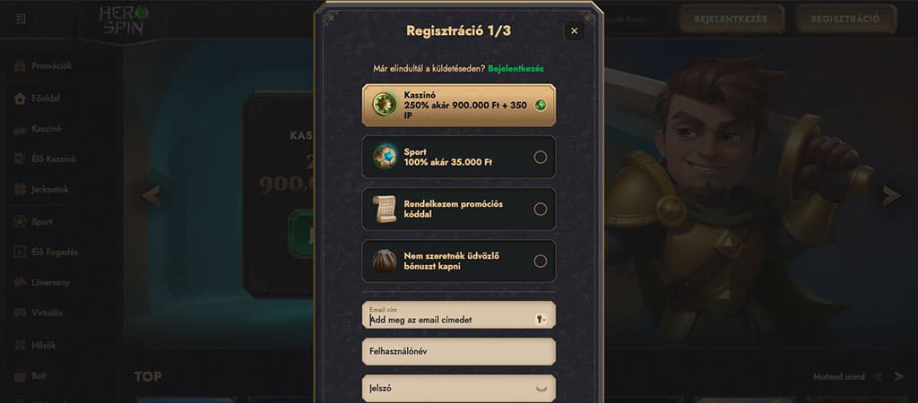 HeroSpin regisztráció, bónusz választás, promóciós kód, regisztrációs űrlap, felhasználónév, jelszó, email cím