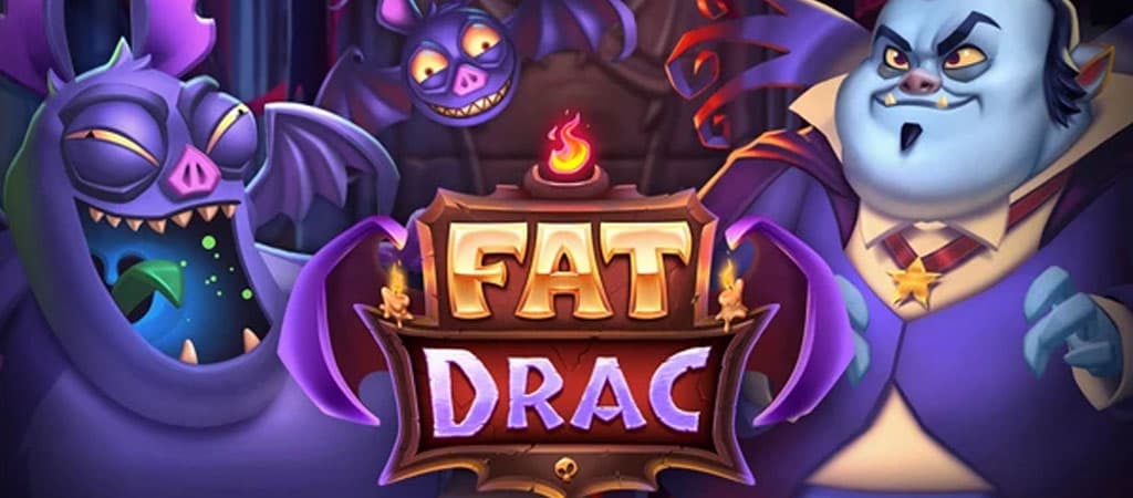 Fat Drac logó, rajzolt vámpír karakter, lila denevérek, rajzfilmes stílus, kaszinó nyerőgép játék, sötét háttér, láng ikon
