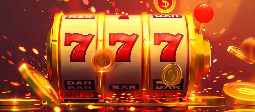 Arany nyerőgép, három piros hetes szimbólum, BAR feliratok, arany érmék, fényhatások, kaszinó jackpot nyeremény
