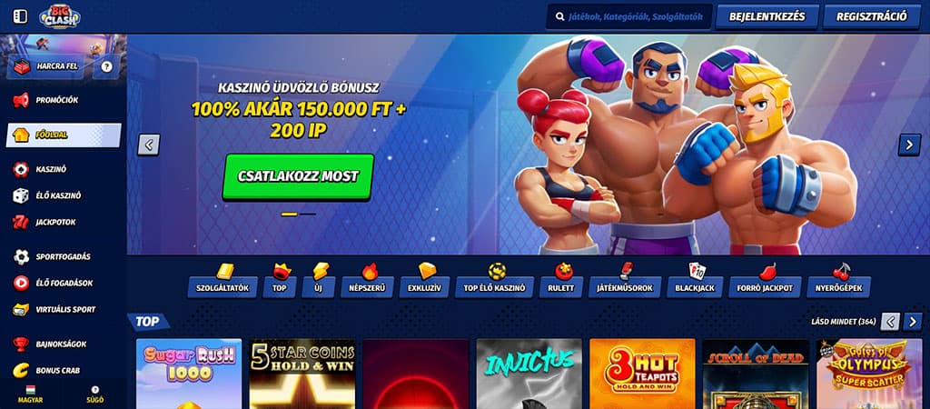 BigClash online kaszinó kezdőoldal, üdvözlő bónusz ajánlat, bokszoló karakterek, navigációs menü, játékgépek előnézete