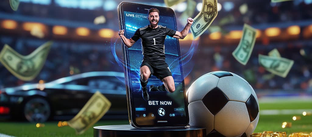 élő sportfogadás, futballista, okostelefon, pénzeső, stadion, focilabda, online fogadás, sport és pénz, digitális játék