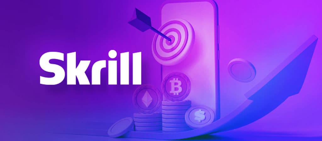Skrill logó, okostelefon célpont ikon, Bitcoin, Ethereum, dollár érme, nyíl, lila háttér, digitális fizetés, kriptovaluta